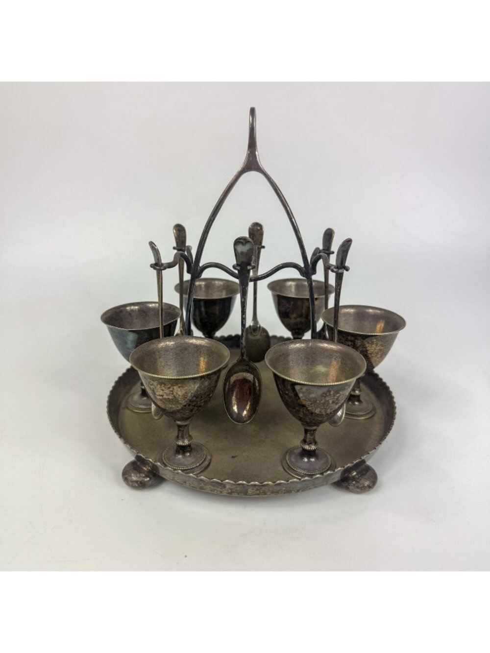 W Shammon & Sons Silverplated A1 6 Egg Cups With Spoons  Wishbone Handle Tray